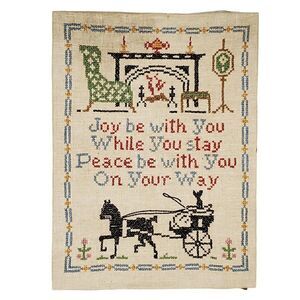 Vtg Colonial Amish Cross Stitch Sampler Sitting Area Fireplace Horse Carriage